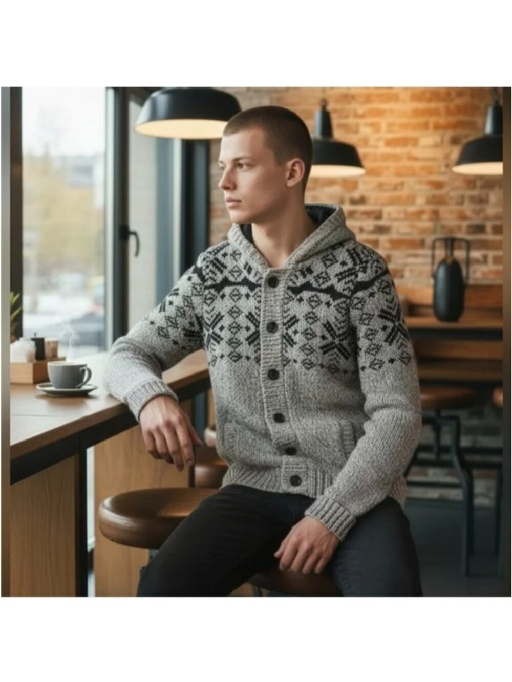 Coupé men's wool blend button up hooded jacket Nordic sweater XXL